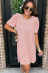 Corded Knit Crew Neck Puff Sleeve Shift Mini Dress